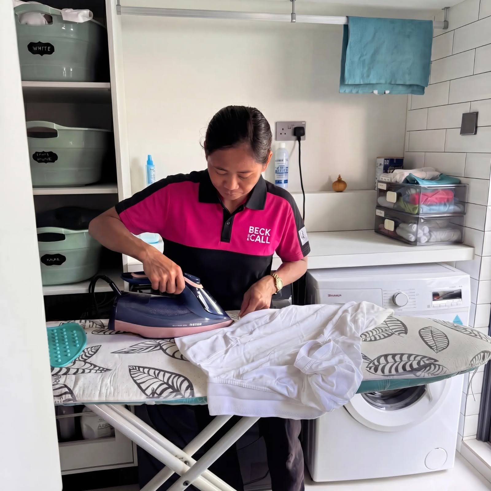 A Beck & Call cleaner ironing a shirt as part of the weekly laundry care service