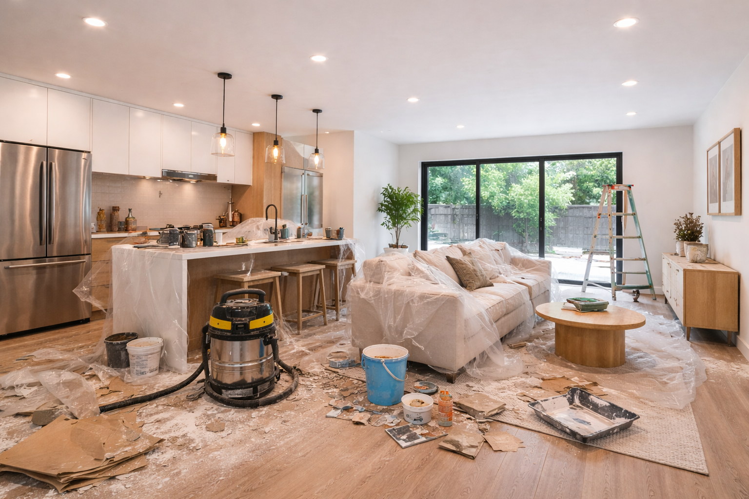 Professional cleaner tackling post renovation residue on home surfaces