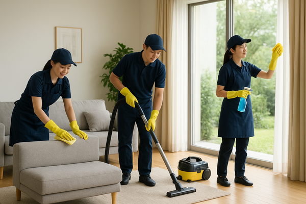 A professional cleaning team in uniforms providing a house deep cleaning service by vacuuming the rug, wiping down furniture, and cleaning windows in a bright living room
