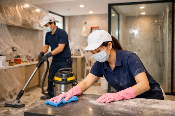 Professional cleaner providing an after renovation cleaning service in a Singapore home