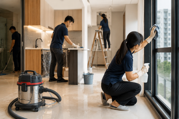 Professional cleaner wiping down a newly renovated living room as part of an after renovation cleaning service in Singapore