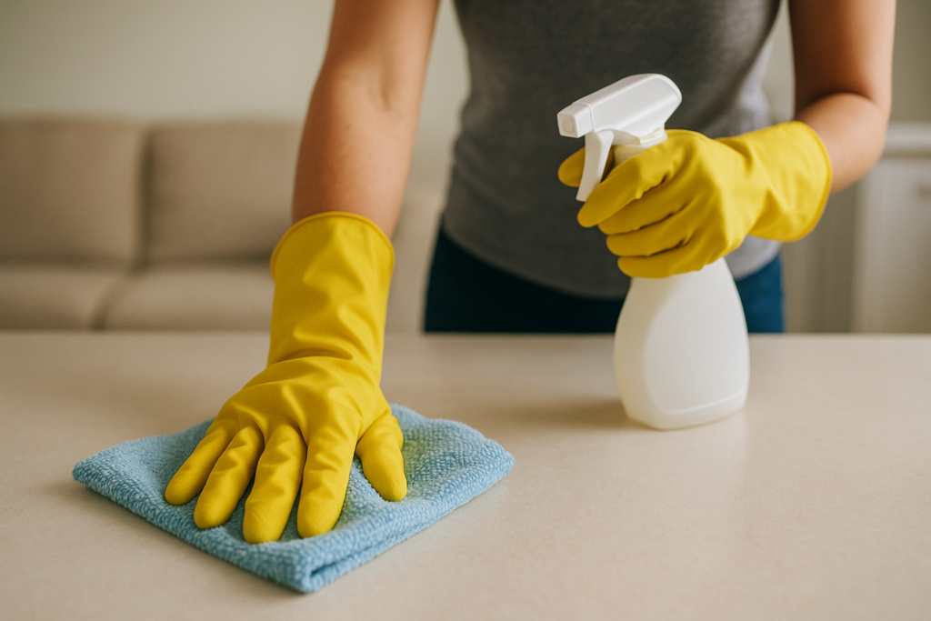 wiping the table with a cloth and spray bottle 